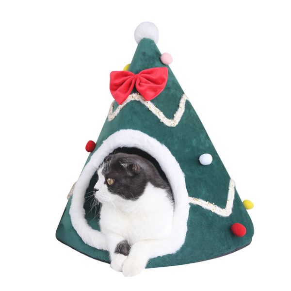 Christmas tree shaped short plush warm removable and washable sponge cat house