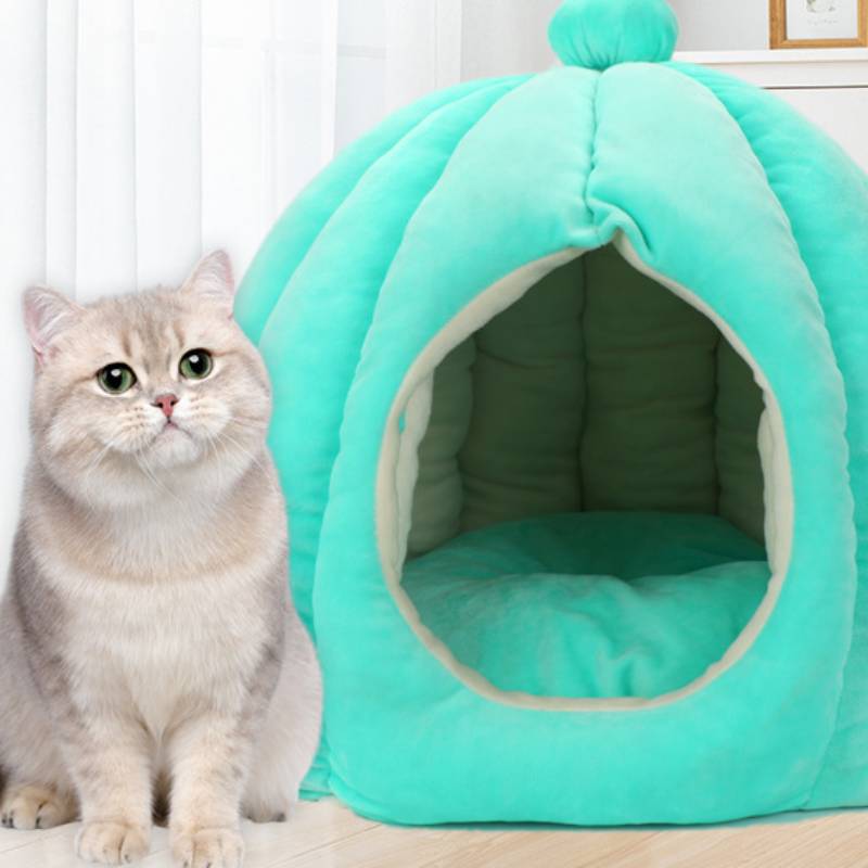 Cute pumpkin shape cat house comfortable velvet winter warm closed type