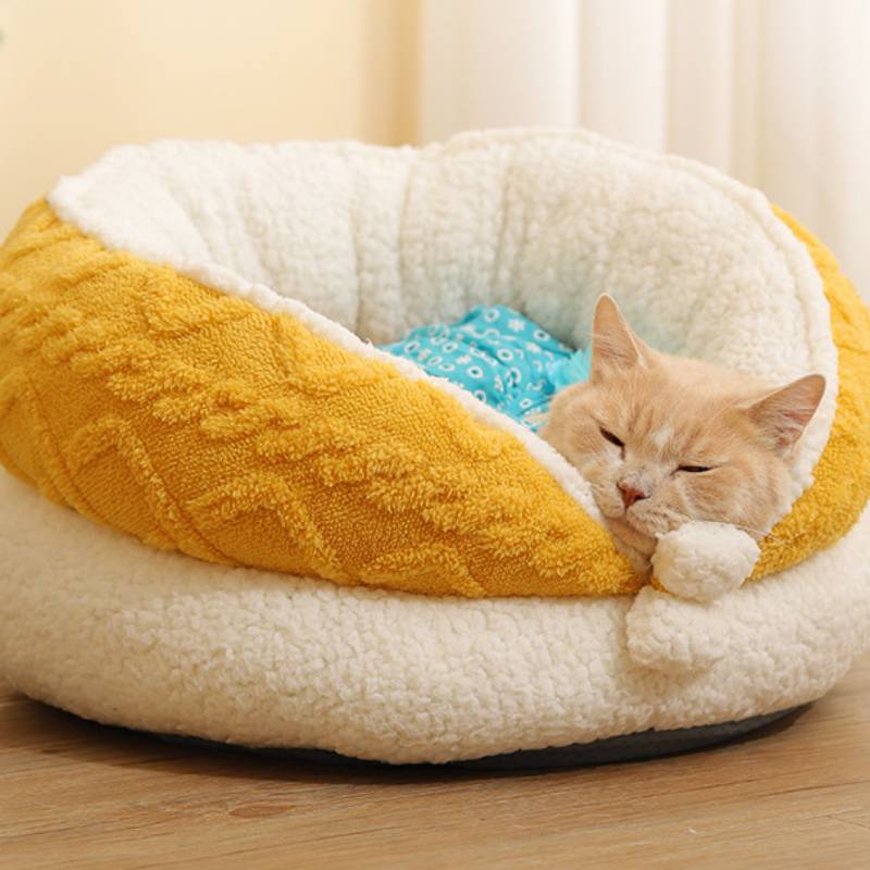 Yellow soft semi-surrounded arctic velvet pet bed for cats and dogs