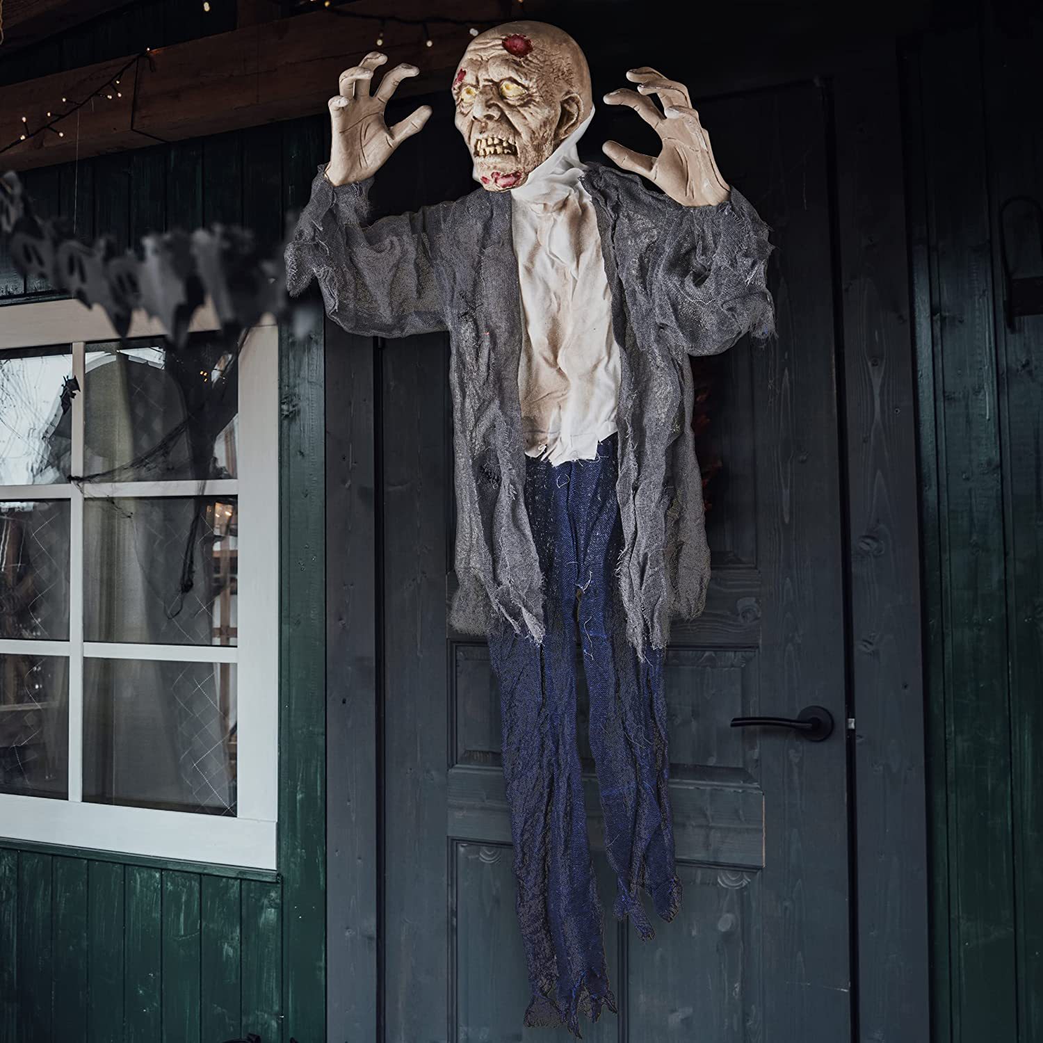 Halloween Hanging Zombie and Groundbreaker Prop with Flowing Robe