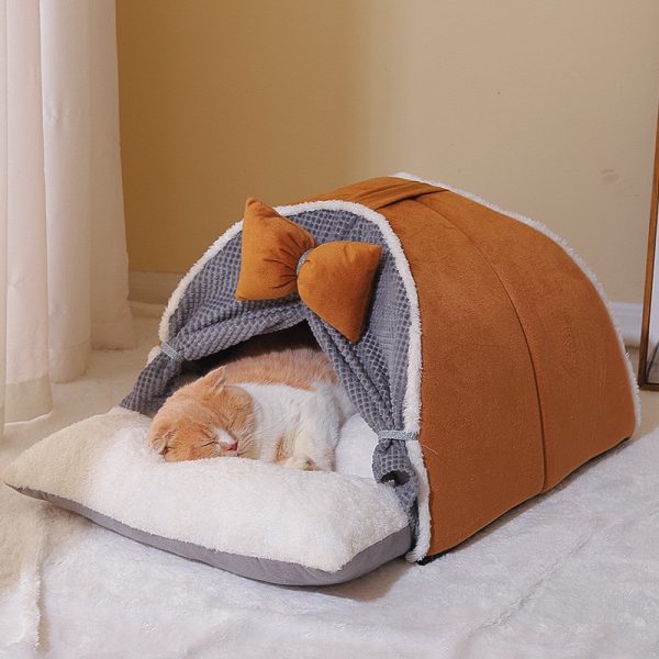 Warm, plush, comfortable and smooth semi-enclosed tent cat nest cat house