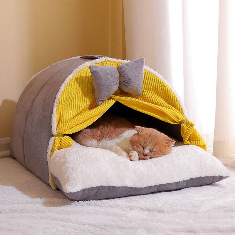 Warm, plush, comfortable and smooth semi-enclosed tent cat nest cat house