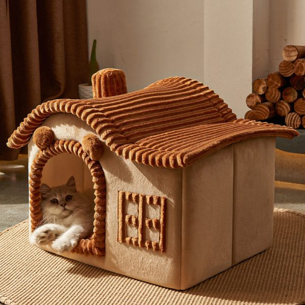 Brown winter enclosed warm luxury double roof villa cat house