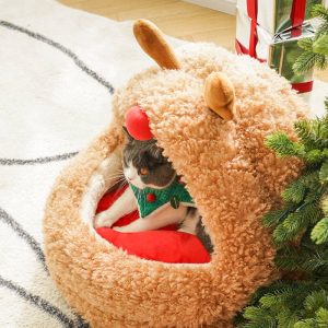 Soft, comfortable and fluffy Christmas elk shaped cat nest cat house